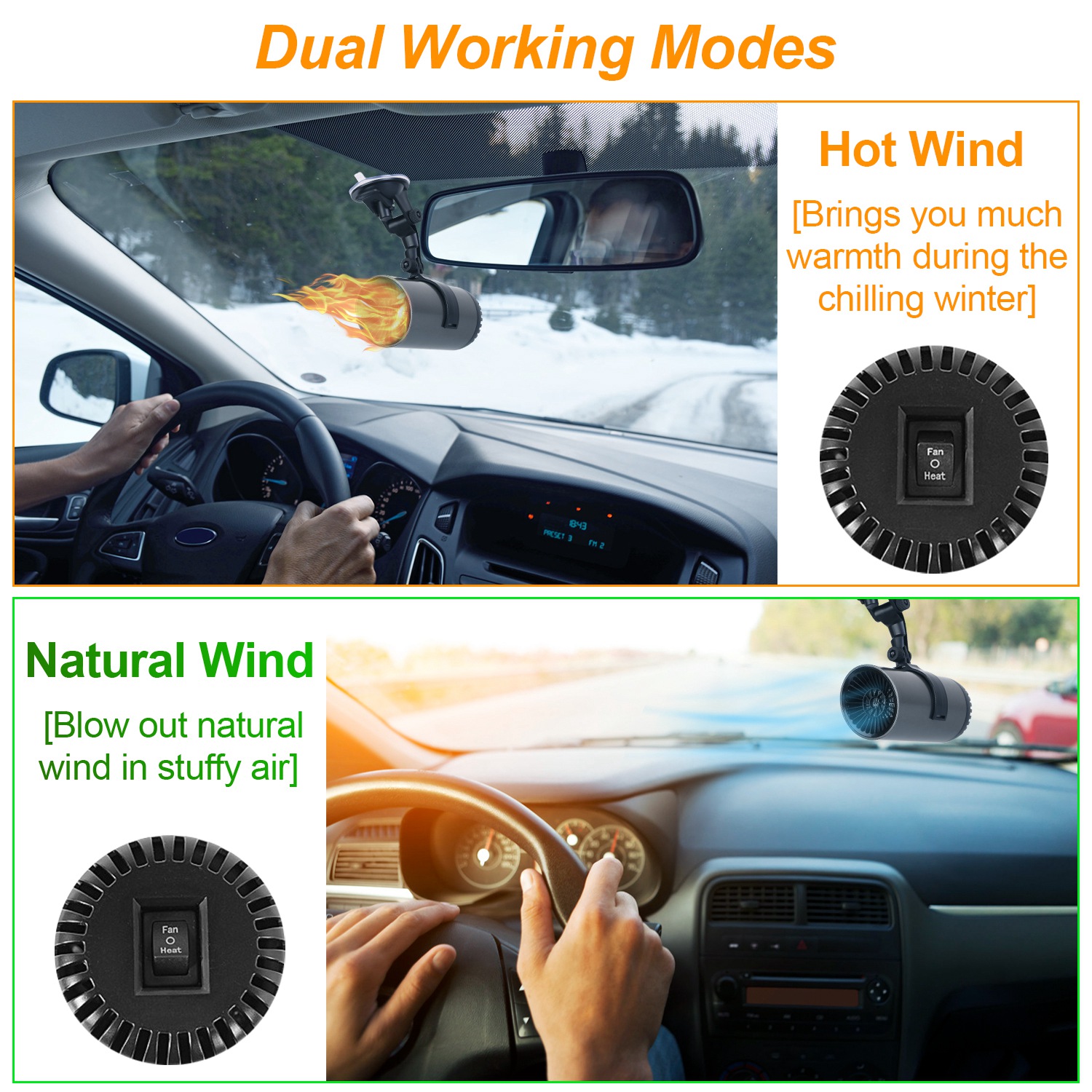 1Pc 12V 150W Or 24V 216W Portable Car Heater 2 In 1 Heating Cooling Fan Rotatable Demister Defroster With 4.92ft Cord — foto 12