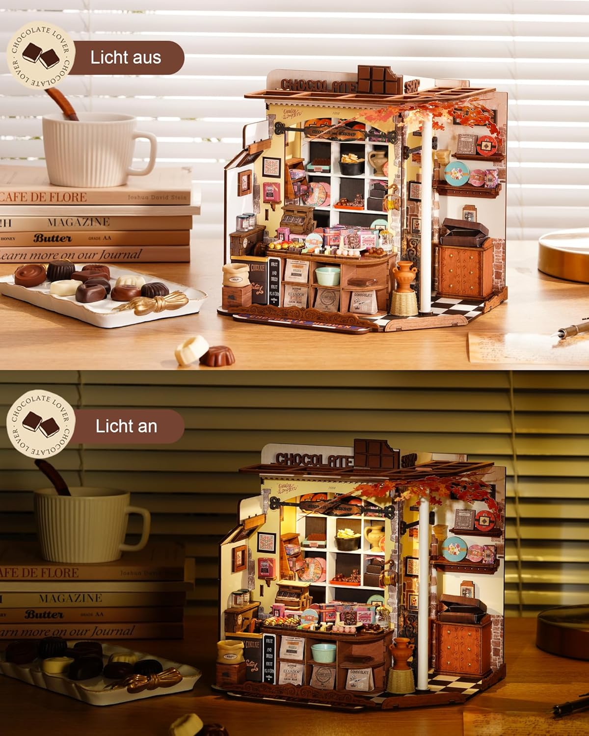 Rolife Henry's Chocolate Shop Miniature House DIY Kit,330-Piece 3D Dollhouse Model With LED Light, No Glue Required, Collectible Display & Craft Gift For Teens & Adults,DG174