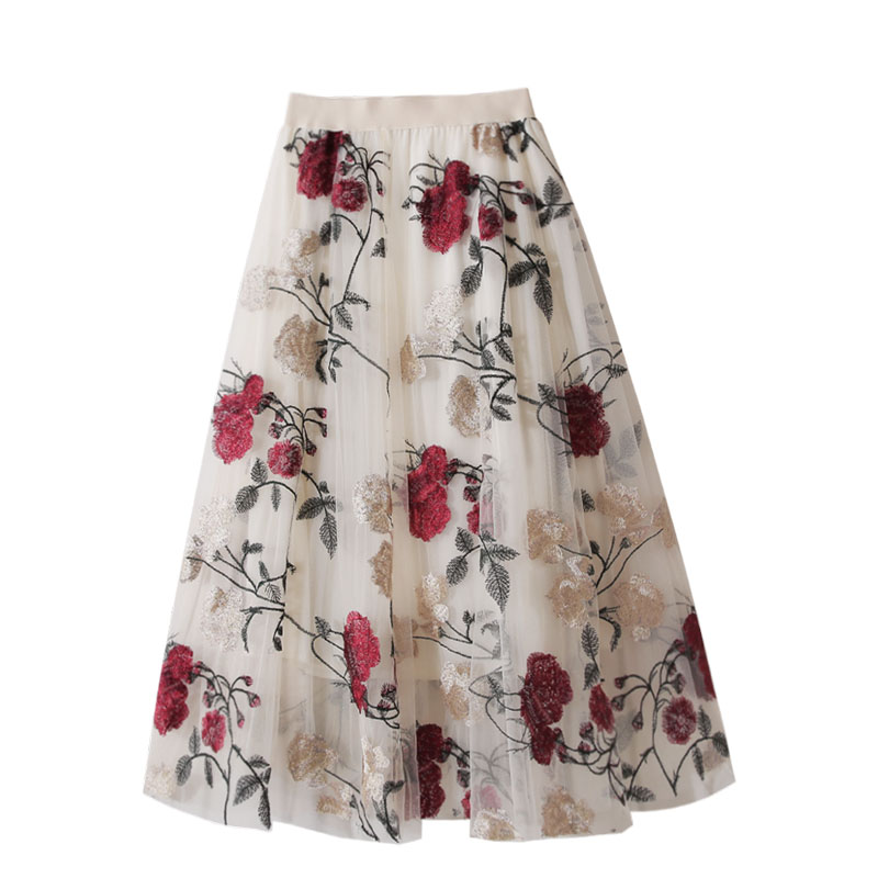 Vintage High Waist Slim Embroidery Big Flower Fashion Sweet Mesh Mid Length Fairy Half Length Dress
