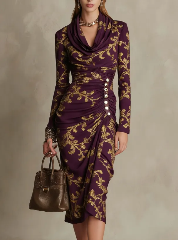 Vintage Court-style Gold Foil Printed Dress - Style1-Xxl