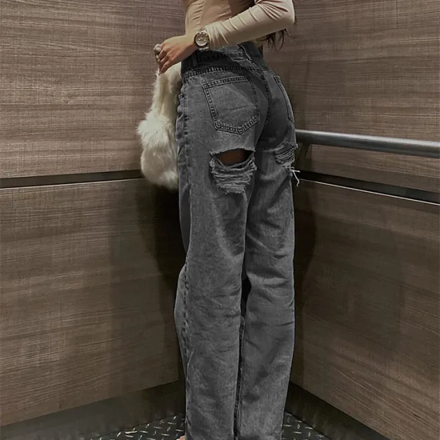 Women's Fashion High Waist Ripped Slim Jeans Grey - Shop at LoveMi