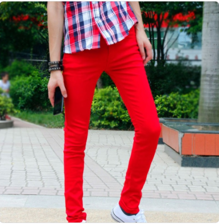 Title 1, Koreaanse skinny jeans rood, stretch potloodbro...