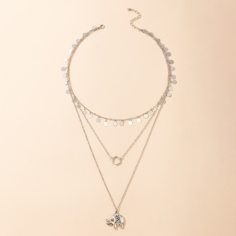 Fashion Ins Style Disc Diamond Elephant Pendant Long Multi-layer Alloy Necklace Necklace