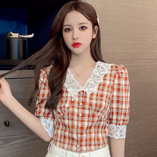 Title 2, Retro Red Plaid Shirt Puff Sleeve