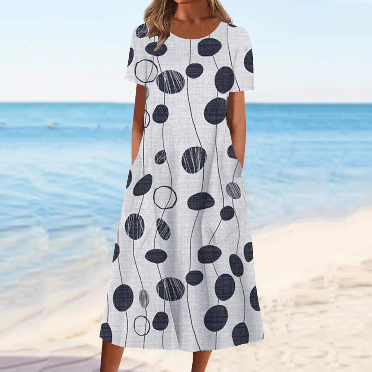Casual And Fashionable Printed Short Sleeved Dress Black Circle - Shop at LoveMi