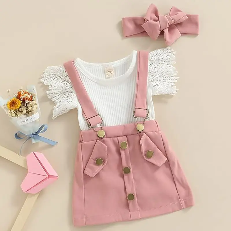 3Pcs Infant Baby Girl Outfits,Summer Clothes Sets Ruffle Ribbed Romper