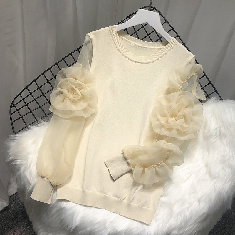 Women Spring Summer Knitted Organza Patchwork Lantern Sleeve