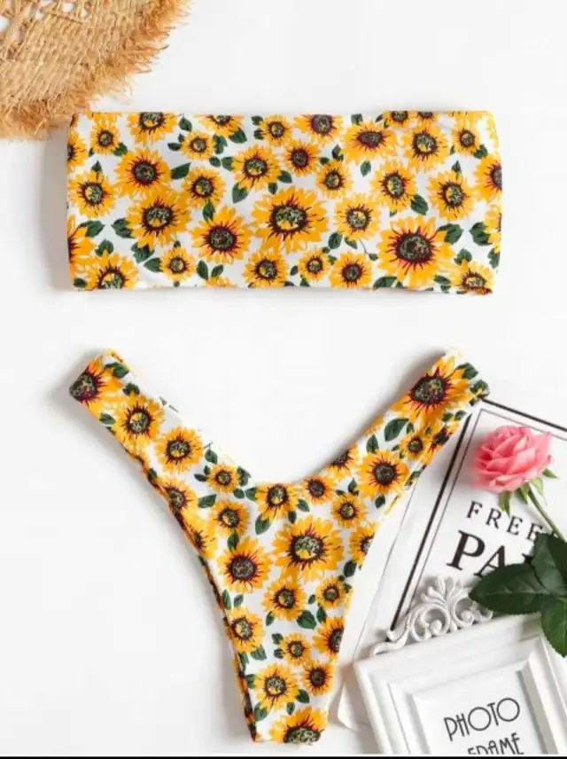 Printed Cactus Multicolor Sexy Tube Top Split Swimsuit Women Yellow - Shop at LoveMi