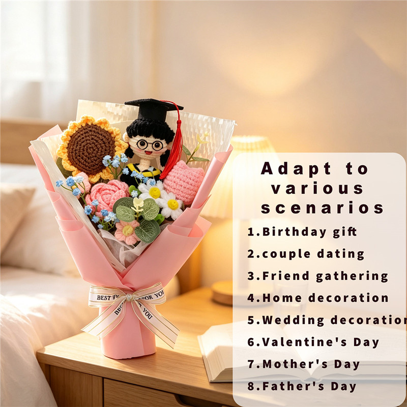 Graduation Hand Crochet Flower Bouquet , Knitted Roses & Sunflowers With Graduate Doll, Eternal Yarn Flower Gift For Graduation Presents Or Home Decor