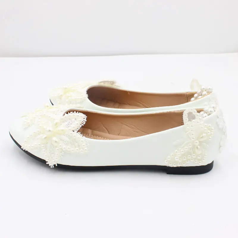 White Flat Bottom Butterfly Bead Chain Shoes