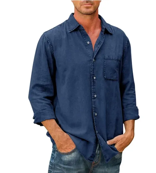 Men's Casual Solid Color Long Sleeve Shirt Navy Blue - Shop at LoveMi