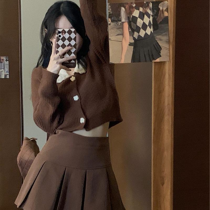 Women's Caramel Lapel Flower Long Sleeve Loose Sweater Cardigan Skirt