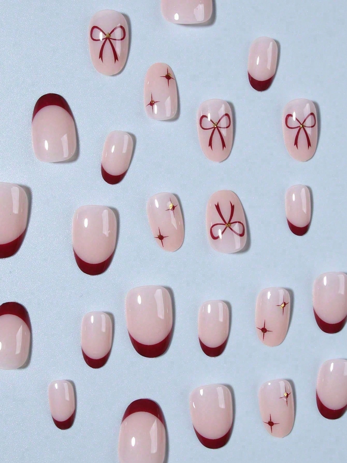 24Pcs Red Bow Short Almond Press On Nails, Valentine's Day Nude Fake Nails With Star Rhinestones, Reusable Glue On Nails With Jelly Glue & Nail File For Women