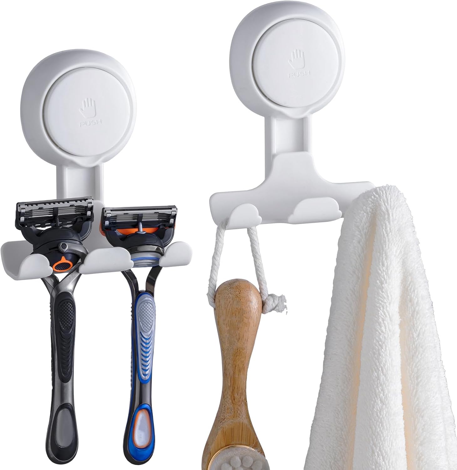 Shower Razor Holder 2 Units, Suction Cup Bathroom Hooks For Shower Wall, Towel Loofah Sponge Storage, White