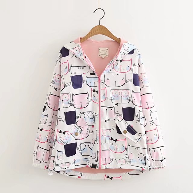 Printed Loose Plus Size Long-sleeved Hooded Zipper Jacket Women