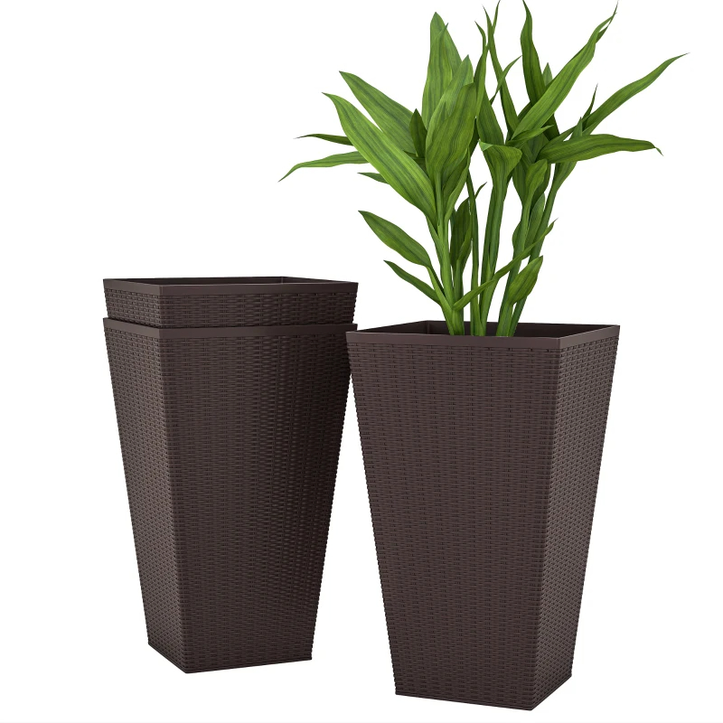 Set Of 3 Tall Planters With Drainage Hole, 24 Outdoor Flower Plant Pots, Indoor Planters For Porch, Front Door, Entryway, Patio And Deck, Brown