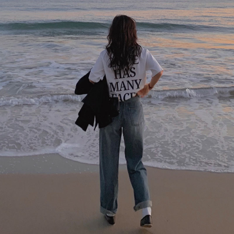 Women's Fashionable Back Letter Print Mid-length Casual Short Sleeve