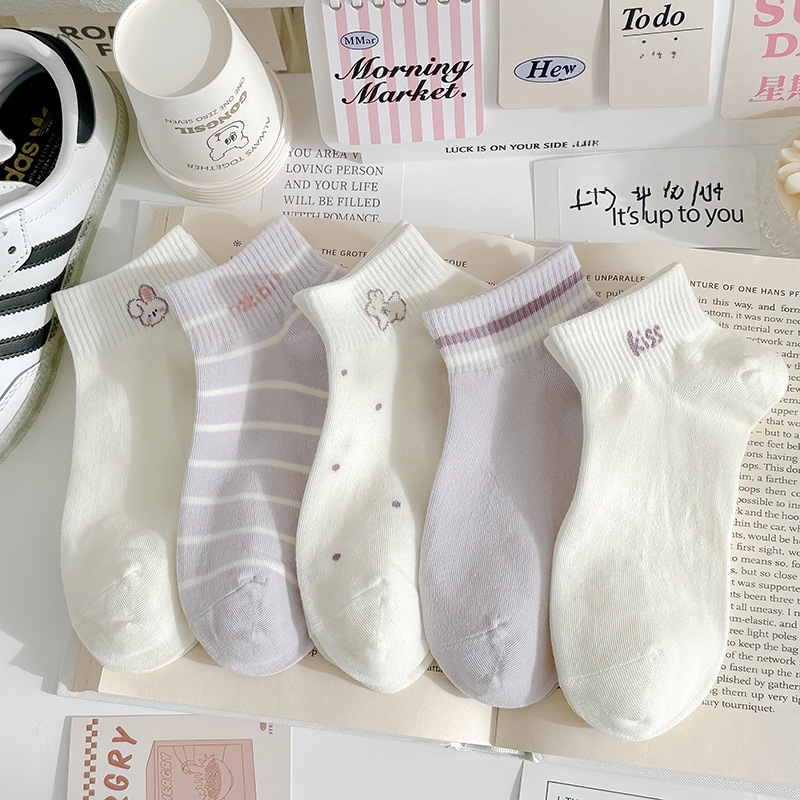 Cotton Short Socks, Cute Japanese-style Low-top Shallow-mouth Sweet Cartoon Striped Sports Invisible Socks For Women, Purple Socks For Autumn And Winter