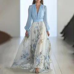 Women's Deep V-Neck Floral Print Boho Maxi Dress With Long Sleeves - A-Line Waist Ruffle Hem Dress For Spring&Summer Vacation - Light Blue - View 1