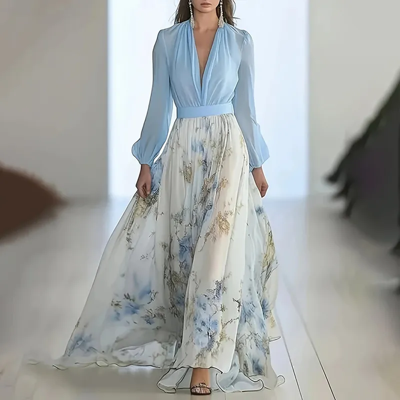 Women's Deep V-Neck Floral Print Boho Maxi Dress With Long Sleeves - A-Line Waist Ruffle Hem Dress For Spring&Summer Vacation - Light Blue
