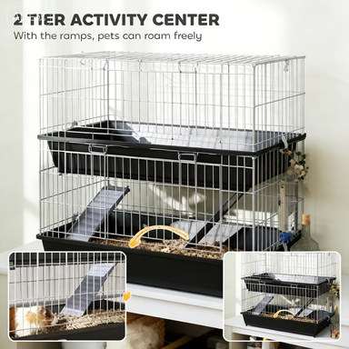 PawHut 2-Tier Small Animal Cage With 2 Doors, Trays, Dish, Bottle, And Ramp For Bunny, Ferret, Chinchilla, Black