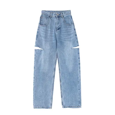 Ripped Floor Mop Jeans Thigh Asymmetrical Raw Edge Spice Wide Leg Pants Blue - Shop at LoveMi