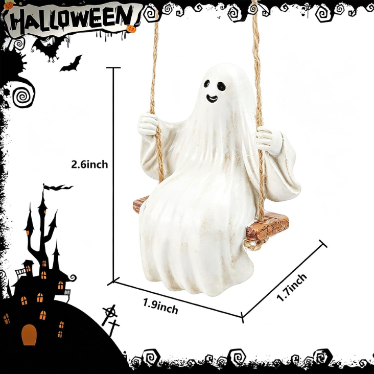 Cute Swinging Ghost Car Mirror Hanging Ornament Halloween Car Interior Accessories Distressed Vintage Ghost