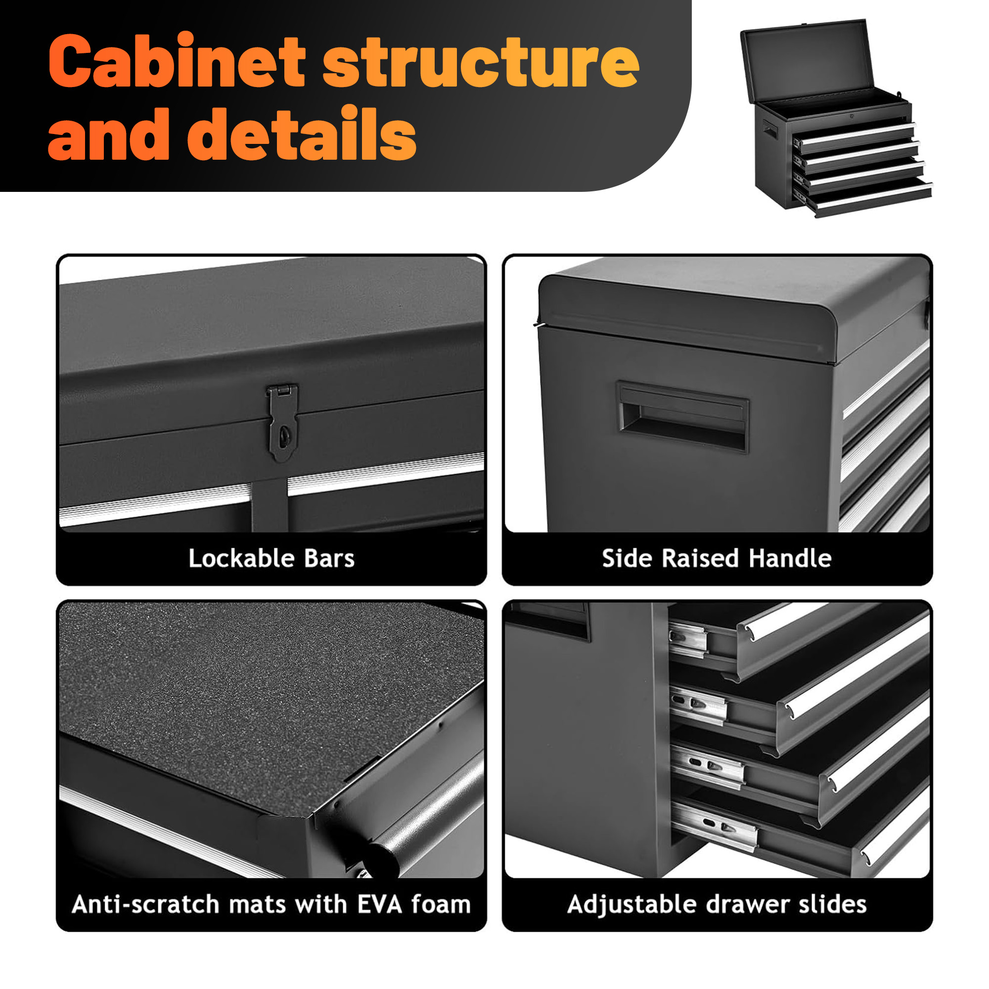 Excelo Tool Chest, 5-Drawer Rolling Tool Storage Cabinet With Detachable Top Tool Box, Liner, Universal Lockable Wheels, Adjustable Shelf, Locking Mechanism, Metal Tool Cart For Garage Workshop — foto 6