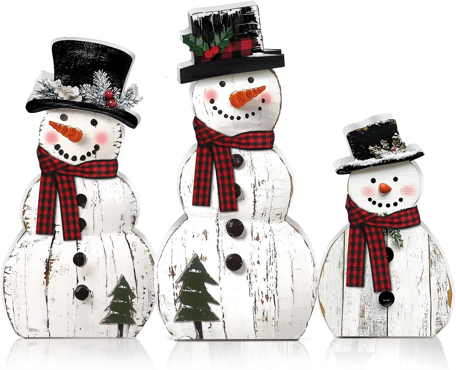 3 Pack Snowman Christmas Decorations, Rustic Wooden