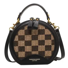 Checkerboard Contrasting Color Checkered Small Round Tote Zipper - Black - View 1