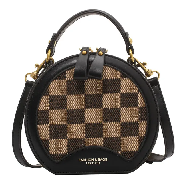 Checkerboard Contrasting Color Checkered Small Round Tote Zipper Black - Shop at LoveMi