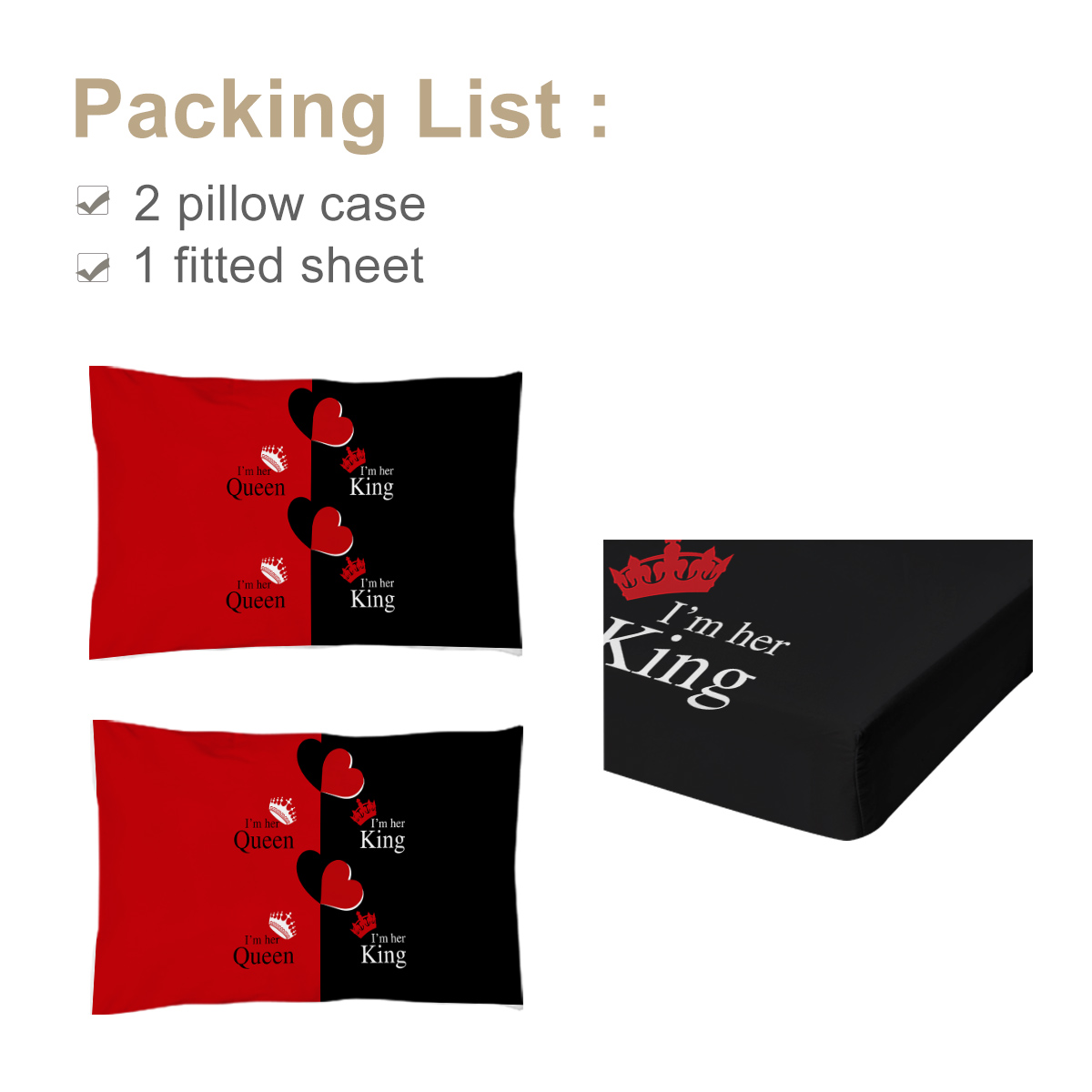 Romantic Hearts Love King And Queen Crown Bedding Set,3 Pieces Couple Fitted Sheet With 2 Pillowcases
