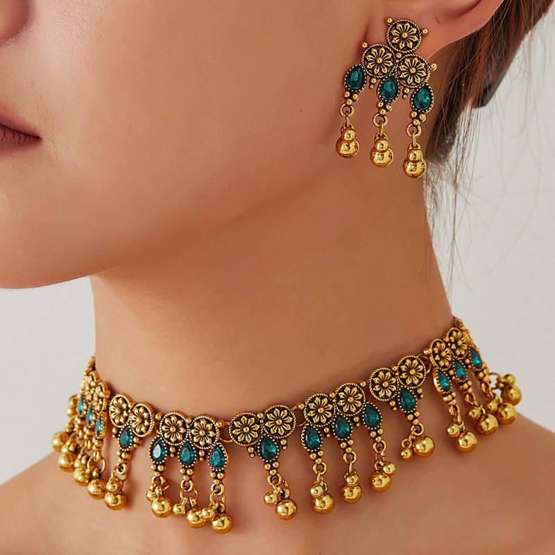 Vintage Gold Gemstone Necklace Earring Set