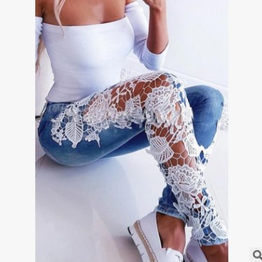 European And American Lace Cut out Ruffles Jeans In Stock Light Blue - Shop at LoveMi
