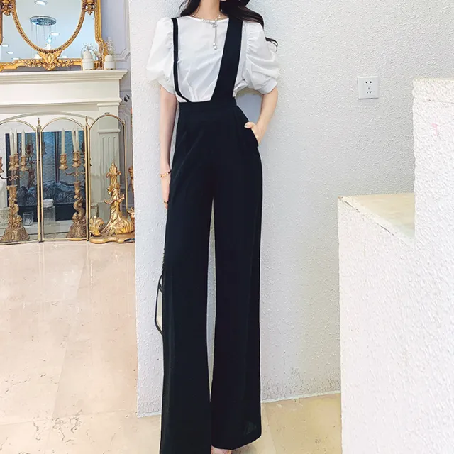 Women's New Simple Short Sleeve Top Straight Bib Two Piece Set Black - Shop at LoveMi
