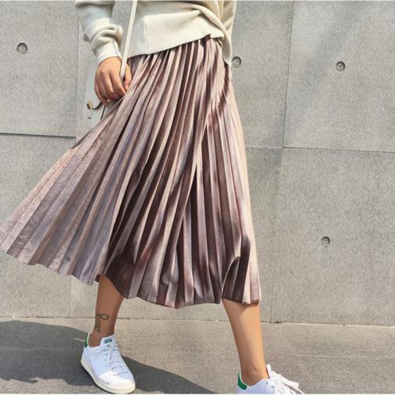 Title 2, High waist slim velvet pleated skirt