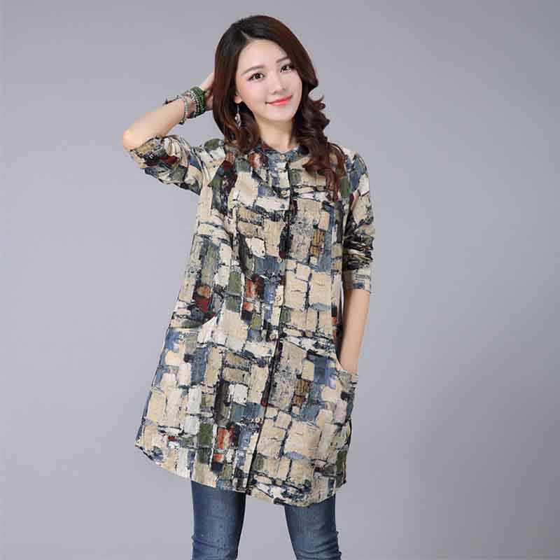 Retro Print Long Sleeve Loose Shirt Mid-length Long Sleeve Cotton Linen Shirt