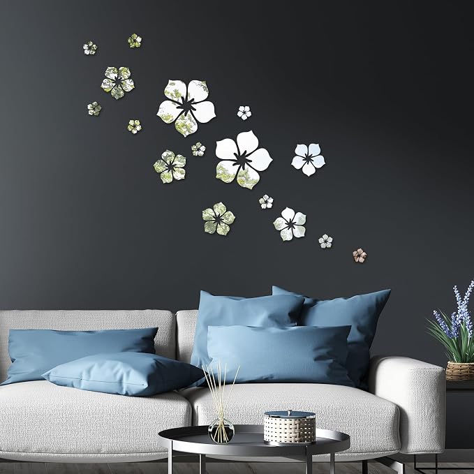 18-Piece 3D Silver Acrylic Flower Mirror Wall Stickers, Self-Adhesive Removable Floral Mural Decor