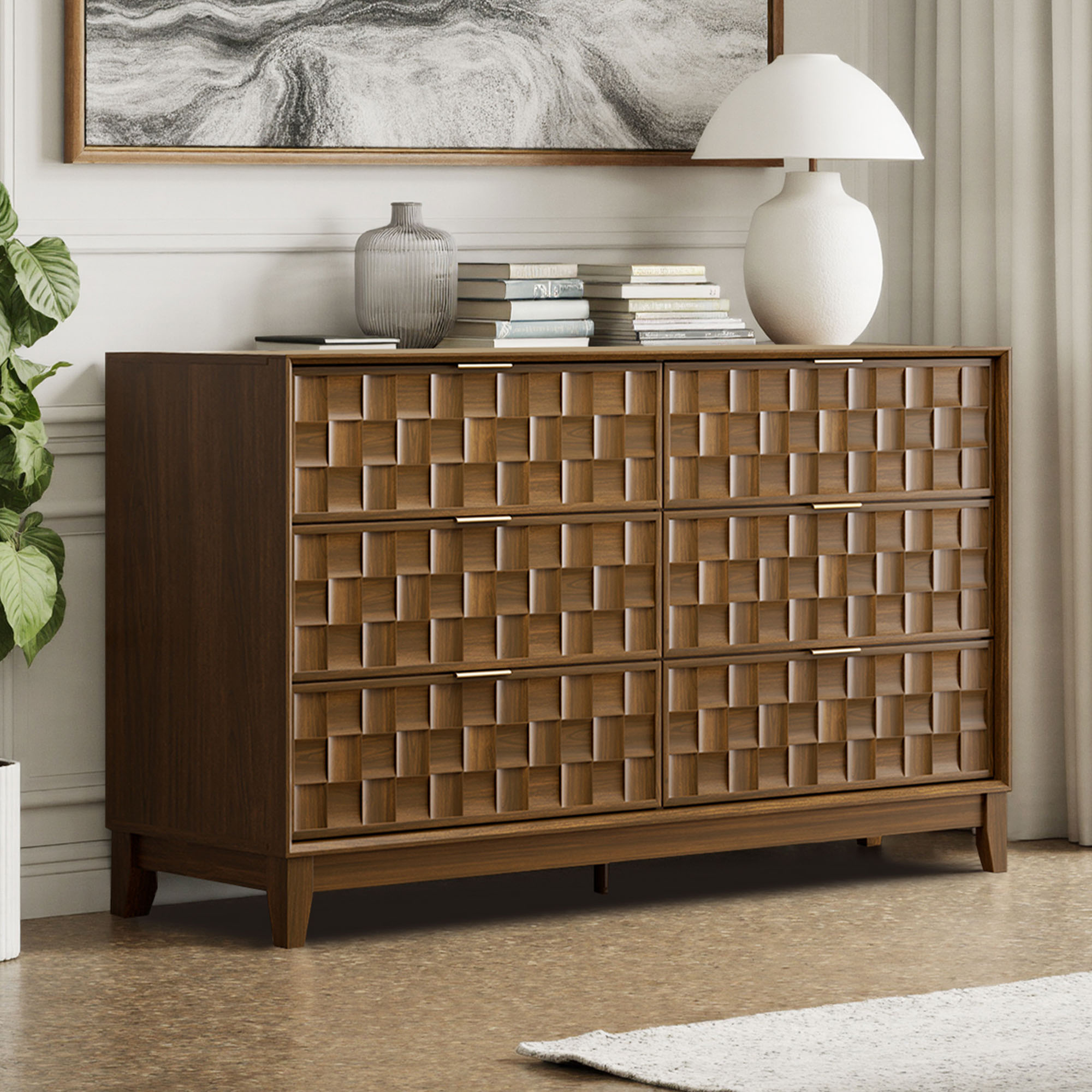 Modern Wooden 6 Drawer Dresser 55in, Side Board Buffet Storage Cabinet, Accent Cabinet With Metal Handles, Oak