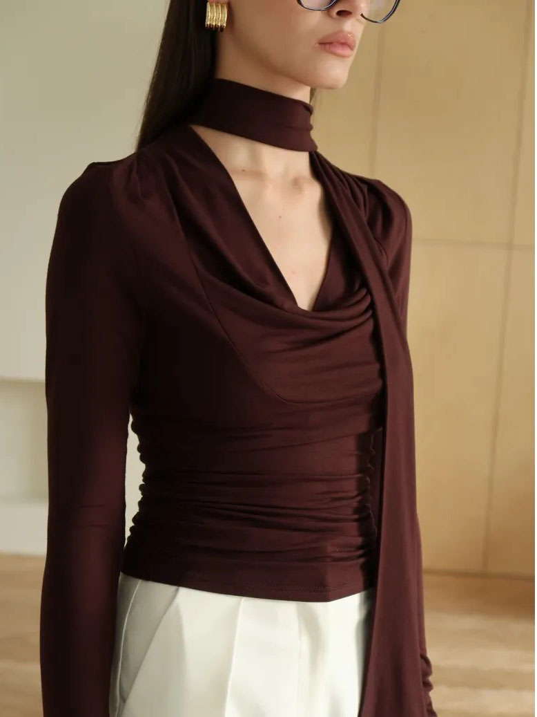 Ribbon V-neck Scarf Long-sleeved Base Shirt - Image 14
