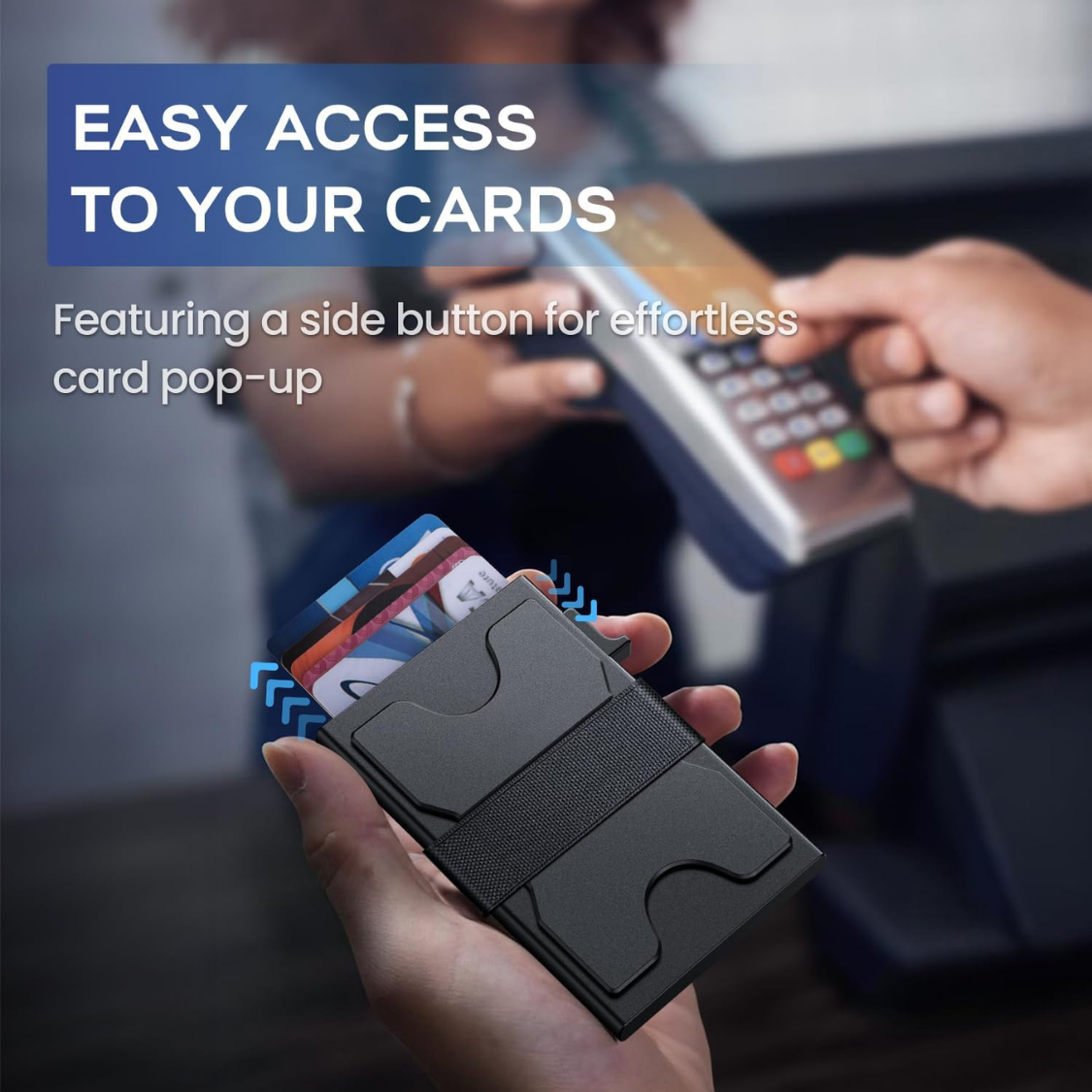 Slim Wallet For Men, RFID Aluminum Pop-Up Card Holder For 12 Cards Minimalist Front Pocket Design, Elastic Cash Strap, RFID Protection, Gift For