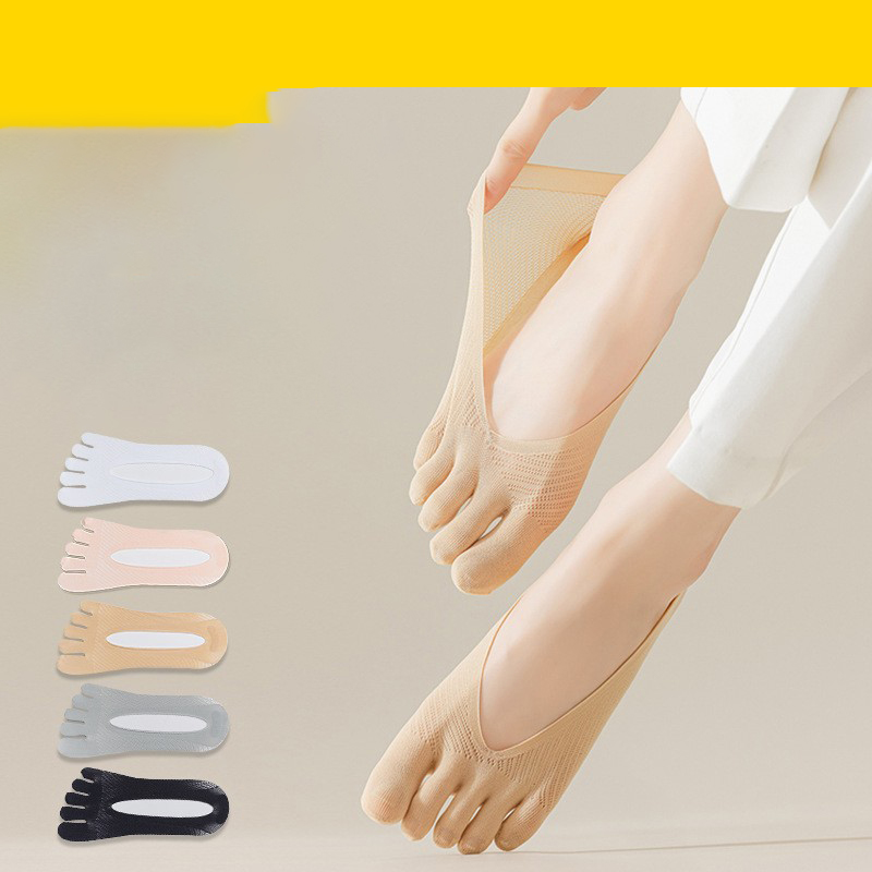 5pairs Socks For Women In Spring And Summer, Thin Split Toe Socks, Shallow Mouth, Invisible And Non Falling, Silicone Anti Slip Mesh, Breathable Ice Silk Boat Socks