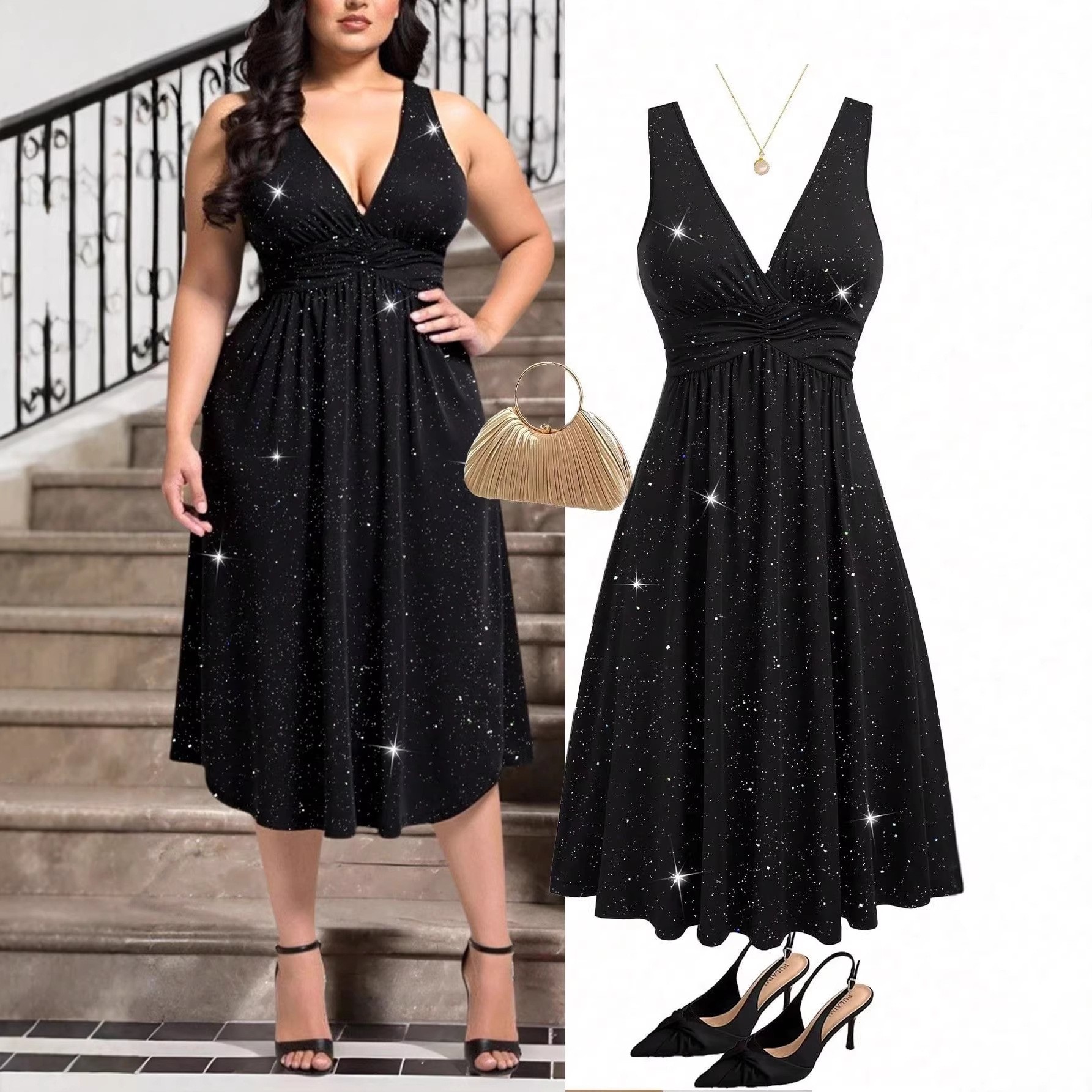 2026 New Large-Size Women's Elegant Solid Color V-Neck Waist Pleated Bohemian Knit Dress