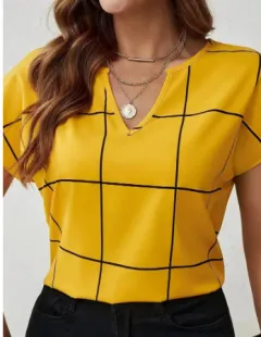 Plaid Print Notched Neck Blouse, Casual Short Sleeve Blouse For Spring & Summer, Women's Clothing - Yellow - View 1
