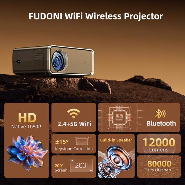 Portable Projector with WiFi & Bluetooth | Native 1080P, 4K Support, High-Brightness LED Outdoor Movie Projector - Image 2