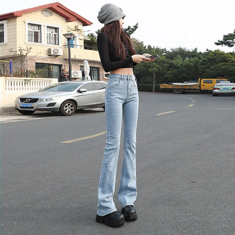 Flared Jeans Women Show Thin High Waist Stretch - Blue