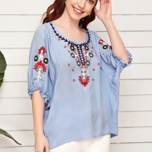 European And American Embroidery Loose Top Women's Clothing Light Blue - Shop at LoveMi