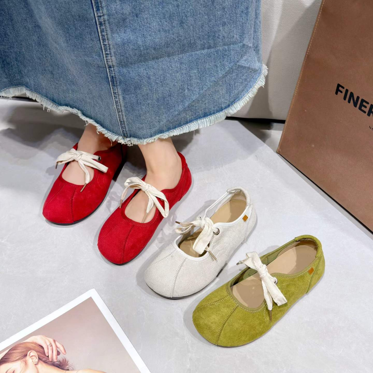 Women Pastoral Cottagecore Linen Fabric Ribbon Tie Ballet Flats, Round Toe Split Seam Soft Breathable Suede Slip On Minimalist Vintage Casual Daily Pi