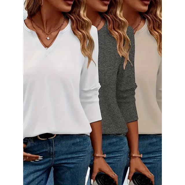Womens 3 Pack V Neck Long Sleeve T Shirts Casual Loose Fit Fall Tops Trendy White Gray Khaki - Shop at LoveMi