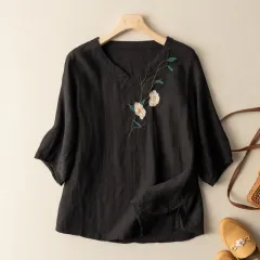 Embroidered Embroidered Loose Art Retro T-Shirt - Black - View 1